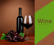 Composition of wine bottle, glass of red wine, grape
