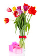 Beautiful tulips in bouquet with gifts isolated on white