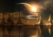 Alien Planet with Towers and Spaceships - Computer Artwork
