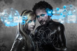 Couple of futuristic lovers, in latex dress. Black and silver