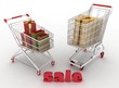 Illustration: Shopping carts with boxes and dollars. Shopping carts with boxes and dollars.