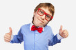 School boy in red glasses