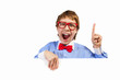 Boy in red glasses holding white square