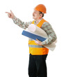 A builder in uniform pointing to the side