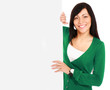 Young woman with blank board banner