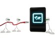international symbol on a smart phone with three robots