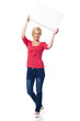 Woman with white board above her head