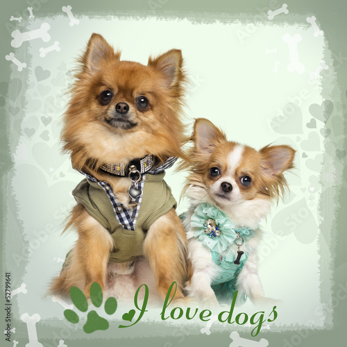 Photo: Two dressed up Chihuahuas sitting, on designed background Two dressed up Chihuahuas sitting, on designed background