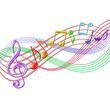 Colorful musical notes staff background on white.