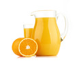Jug, glass of orange juice and orange fruits