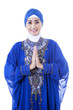 Close-up female muslim in blue dress on white