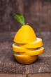 Sliced lemon on table.