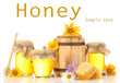 Honey in banks and barrel isolated on white