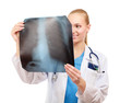 Female doctor examining an x-ray isolated on white background.