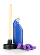 Photo: Toilet plunger, gloves and cleaner bottle, isolated on white Toilet plunger, gloves and cleaner bottle, isolated on white