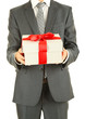 Young businessman present gift box, isolated on white