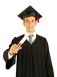 Young graduation man holding diploma, isolated on white
