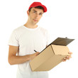 Young delivery man holding parcel and clipboard, isolated