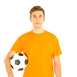 Foto: Young soccer player holding ball, isolated on white Young soccer player holding ball, isolated on white