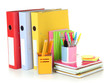 Bright office folders and different stationery isolated on