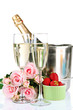 Romantic still life with champagne, strawberry and pink roses,
