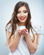 Young woman hold skin care cosmetic. Clean skin. Beauty female
