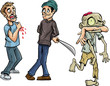 Cartoon of zombie biting a mans arm off. isolated on white