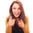 happy woman shows finger on you