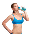 Athletic fitness woman drinking water, isolated on white