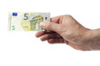 Hand hält neuen Fünf Euro Schein, isoliert