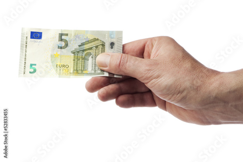Photo: Hand hält neuen Fünf Euro Schein, isoliert Hand hält neuen Fünf Euro Schein, isoliert