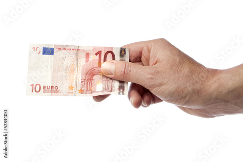 Photo: Hand hält Zehn Euro Schein, isoliert Hand hält Zehn Euro Schein, isoliert