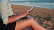 Video: Businesswoman working on tablet computer on the beach Businesswoman working on tablet computer on the beach
