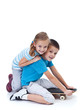 Happy kids playing with skateboard