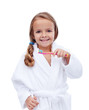 Photo: Little girl in bathrobe washing teeth Little girl in bathrobe washing teeth