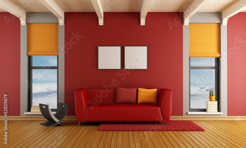 Illustration: Red living room of a house in the mountains Red living room of a house in the mountains