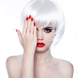Photo: White Hair and Red Nails. Fashion Beauty Girl. Red lips. Manicur White Hair and Red Nails. Fashion Beauty Girl. Red lips. Manicur