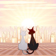 Two Cute Cats on Roof. Cartoon Illustration