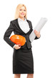 Photo: Female architect in black suit holding a helmet and a blueprint Female architect in black suit holding a helmet and a blueprint