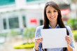 Business Woman Holding Banner