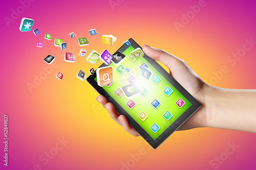 Illustration: Close-up of hands holding tablet pc Close-up of hands holding tablet pc