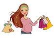happy pregnant woman at shopping, isolated on white background