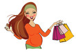 happy pregnant woman at shopping, isolated on white background