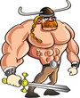 Viking cartoon with a big sword and blond hair in a ponytail.
