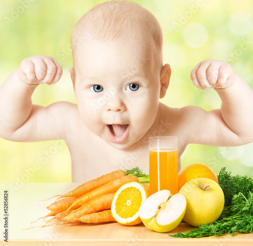 Photo: strong and healthy baby fresh fruit meal and juice glass strong and healthy baby fresh fruit meal and juice glass