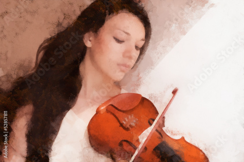 Illustration: Portrait of a young female playing the violin, drawn oil paints. Portrait of a young female playing the violin, drawn oil paints.