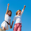 Kids crying out loud with arms raised.