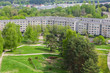 Panoramic view of city region surrounded by trees