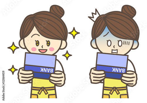 Illustration: 通帳を見る主婦 通帳を見る主婦