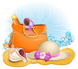 seaside summer holiday background with palm,bag,hat,